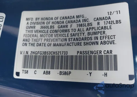 2012 Honda Civic Lx from USA, damaged, VIN 2HGFG3B53CH521733